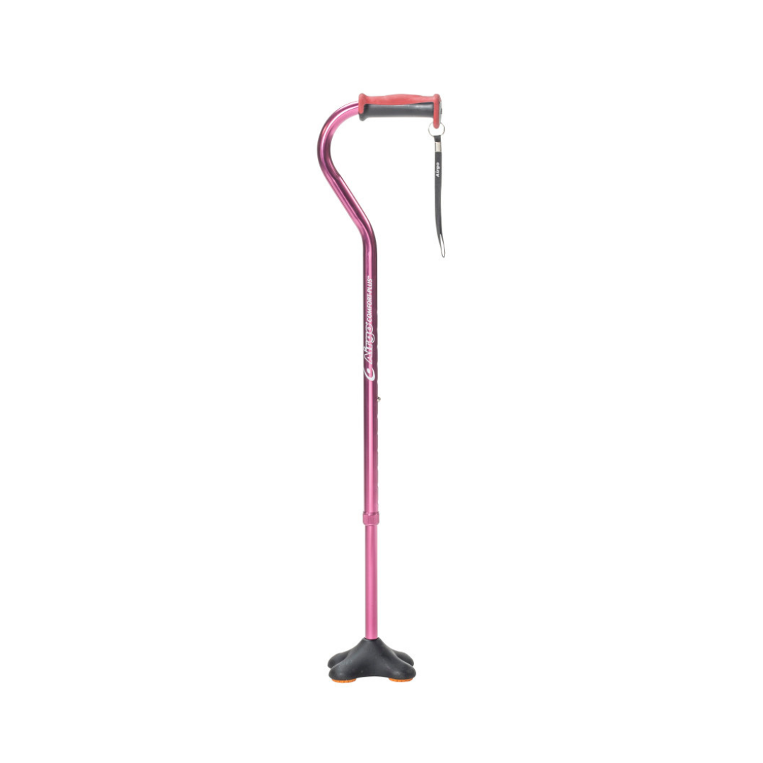 The Drive Airgo Comfort-Plus Cane with MiniQuad Ultra-stable Tip, in metallic pink, features a curved handle and wrist strap, shown against a plain white background.